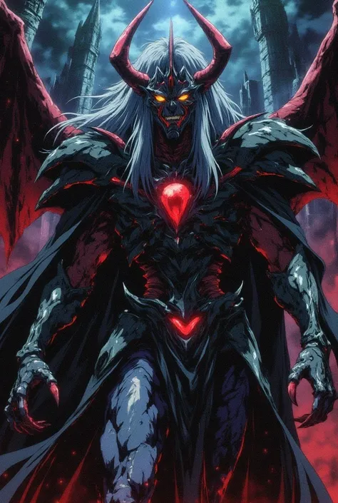 a red demon, with a pointed nose, four dark red horns, two small and two large curved backwards, long white hair, bright yellow eyes, black lips, pointed ears, red skin, wearing a symbiotic black metal armor that covers the entire body including clawed han...