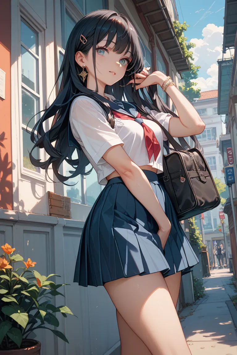 Girl in a school uniform with long black hair。Long legged and tall