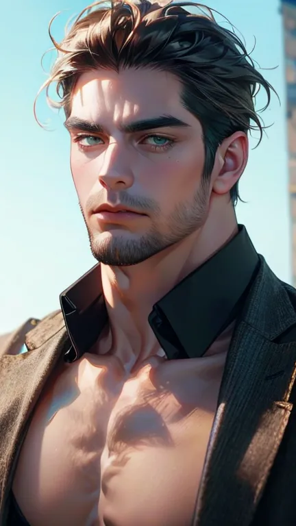 (  best quality,4K,8k,   highres,  masterpiece :1.2),  breasts  ,(Realistic,photoRealistic,photo-Realistic:1.37),36-year-old man,3 day beard,Beautiful anime,Portraits,strong,masculine,      with dark hair  ,sharp jaw,       mesmerizing green eyes   ,    pe...