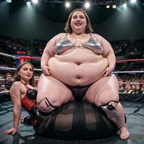 photo of ((one)) morbidly obese Natalie Portman weighing over 1000 pounds, wearing a wrestling gear , chubby cheeks, Enormous belly, massive thighs, wide hips, two huge folds, standing in the middle of a WWE wrestling ring , feeling joyful