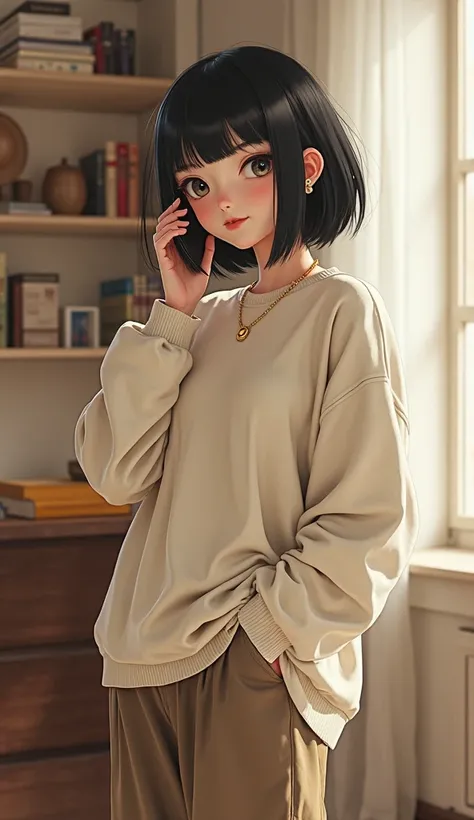 (Photorealism:1.2), Gaa in a cute short black wig wearing loose casual pants and an ivory sweater ，Marchant sur le podium portant un collier en or ，hands in pockets，cool eyes ，Friendly action He is talking on the cell phone in a room  