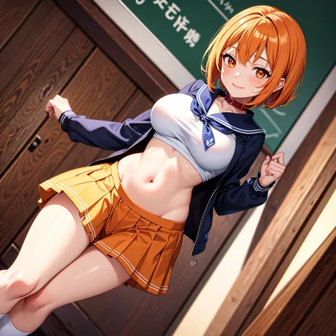 1girl , master piece , best quality , ultra detailed , beautiful girl , smile , large breasts , collar , standing up , school uniforms , summer sailor suit , navel , stomach , tattoo , knee-high socks , orange eye , orange hair , short hair , in the classr...