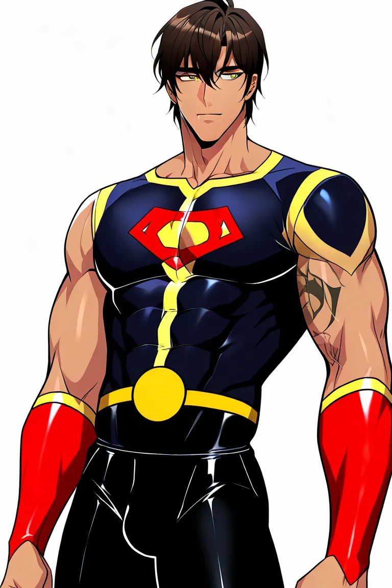 cool latex superhero boy, ager, tall, beautiful skin, is a superhero and has a beautiful body, hero costume, attractive and calm young man, slim and muscular, my skin is tanned, ,femboy, thin waist, cute guy, sexy guy,ookurikara, 1boy, tattoo, yellow eyes,...