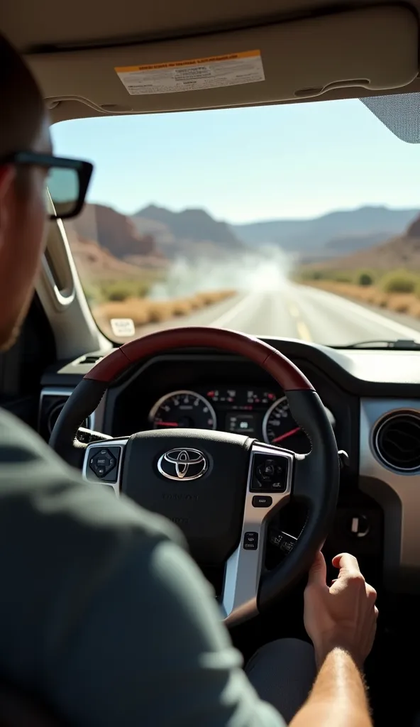 outside far view, white/red/black 2025 Toyota Tundra, professional photography, (driver behind steering the wheel:1.0), directional lighting, black windows, daylight, Texas desert street, sunny day, smoke from rear tiers, Grand canyon on background.