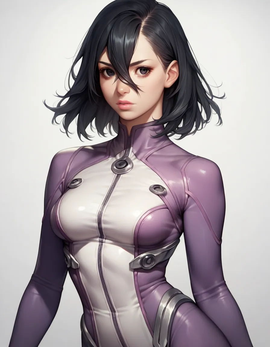 1girl, black hair, medium hair, hair between eyes, sidelocks, black eyes, medium breasts, curvy, purple bodysuit, bodysuit, lips, long sleeves, pink lips, white bodysuit, simple background, solo, two-tone costume, white background