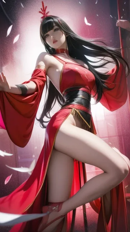 I was wearing a red and pink costume、Young Witch、 Wizard Outfit、long legs、my black hair was fluttering in the wind、glamorous、Hands bandaged 、takes a martial arts stance、Also々performance、thin waist