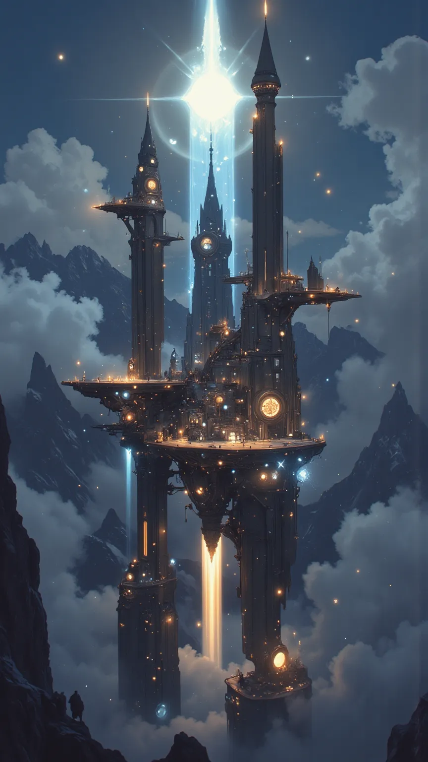 floating cities drift above the clouds、the magical light of the city illuminates the clouds。Surrounding the city、glowing particles dance、the air is filled with mystical energy。city towers and platforms、Moving with the clouds、they perform a fantastic dance。