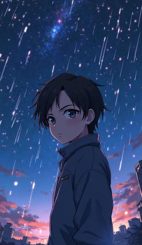 High-resolution anime style illustration for phone wallpaper. Portray Taki Tachibana from "Kimi no Na wa" with a dynamic, introspective look and detailed facial expression. Feature a captivating night sky filled with vibrant deep tones and streaks of shoot...