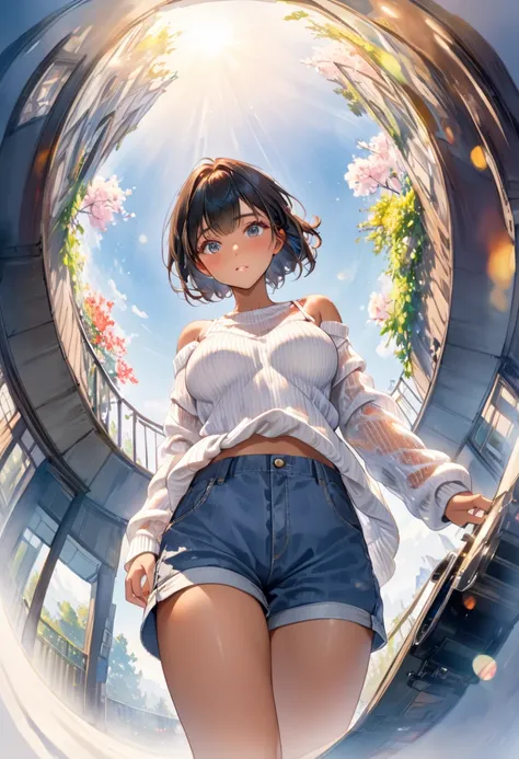 (), big ,(masterpiece), best quality, very detailed, (watercolor), bloom,  delicate and beautiful,  illustration of a woman with a penis , (from below),(1 girl:1.4), (Alone:1.2), ( ribbed sweater with see-through bra :1.3), off shoulder sweater, (shorts:1....