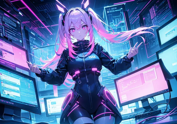 A beautiful girl who is a genius hacker hiding in virtual space. She has a long ponytail, headgear and glowing eye contact lenses. Code flows from her fingertips and dances like butterflies of data. In the background is a virtual city, a glowing cyber grid...