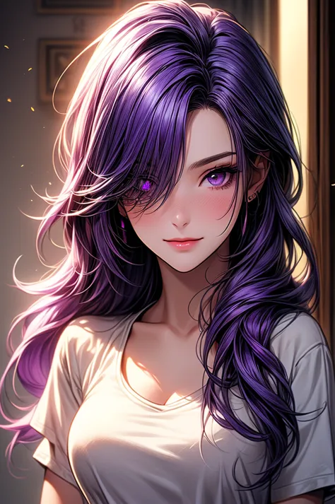 Masterpiece, ((1 girl, Purple Hair, White Skins)), ((Best Quality)), ((Close up)), (Ultra-detailed), Highly detailed, ((Big Breasts)), Perfect Lighting, Perfect background, ((Hair over Left eye, One-eyed Long Hair, Purple Hair, Purple eyes)), ((25-years-ol...