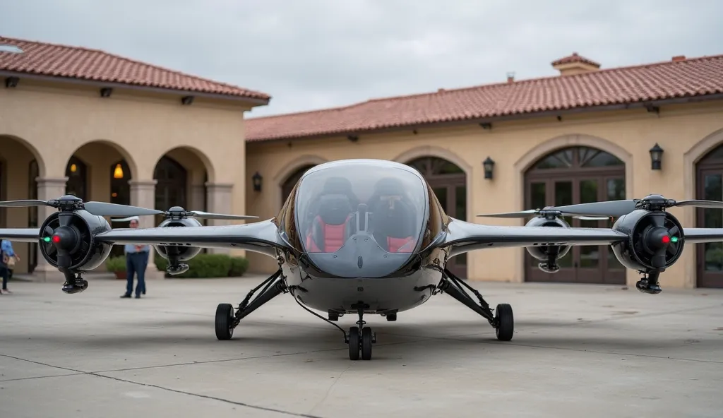 “A futuristic electric vertical takeoff and landing (eVTOL) aircraft parked on a tarmac outside a hangar. The aircraft has a sleek, aerodynamic, black-glass cockpit with two red seats visible inside. It has four large rotors mounted on two parallel wings, ...