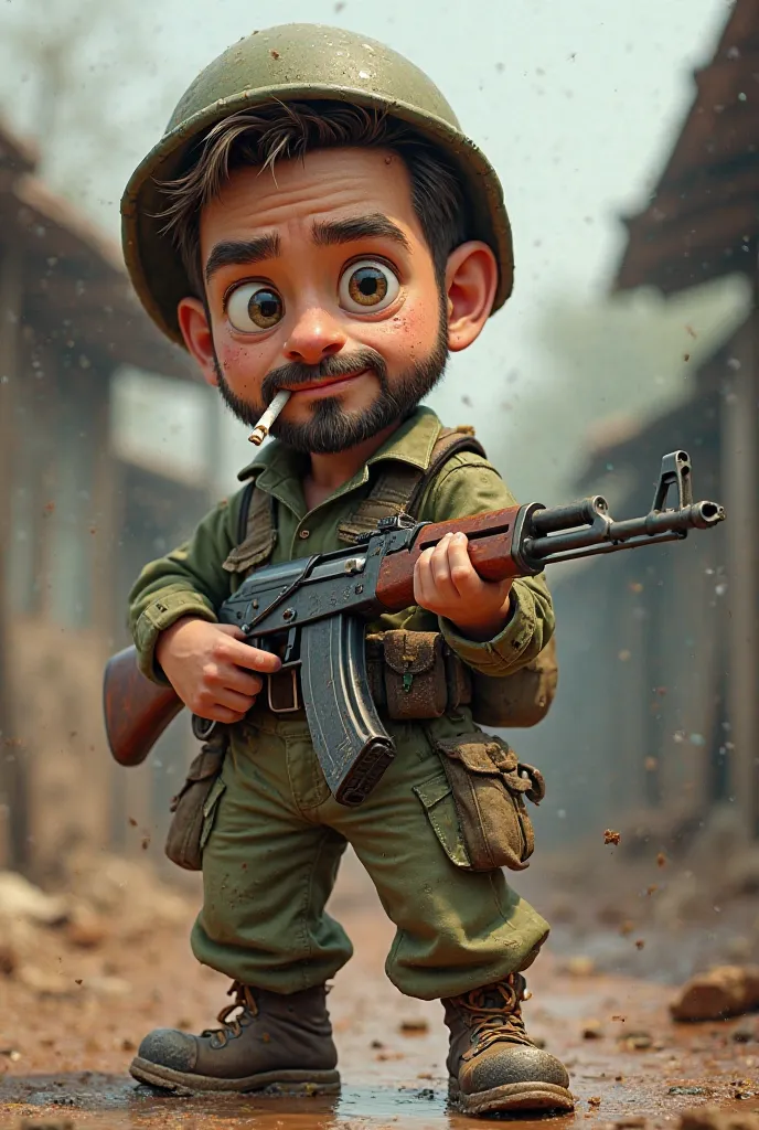 era rifle Make a 3D Cartoon, style visual image of an American soldier from Vietnam Cigarette in the mouth, with short beard, Dirty dirt , With a gun from the AK-47