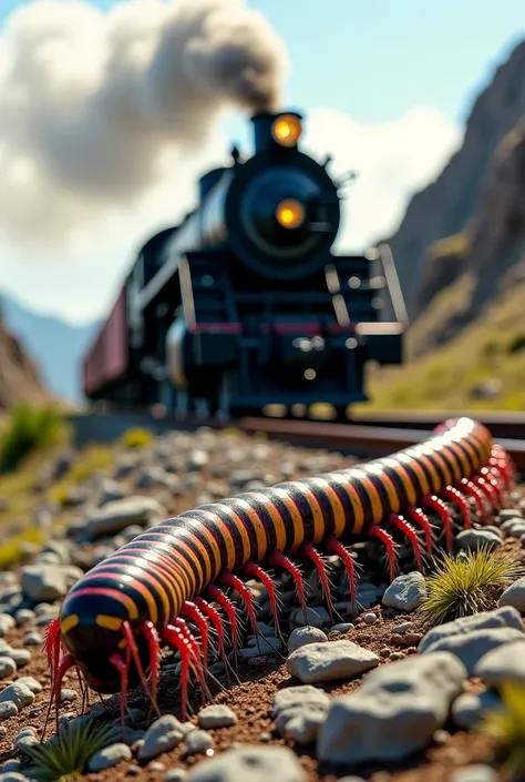 "Create an image of a large, vintage steam train chugging along a railway track through a rocky landscape. In the foreground, a giant centipede with hundreds of legs is crawling across the ground, its body a vibrant mix of red, yellow, and black, creating ...