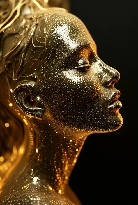 3D woman head Made of geometric lines. Hair gold lines. Abstract gold and black  Evolution intricate is the increase of complexity of complex systems.