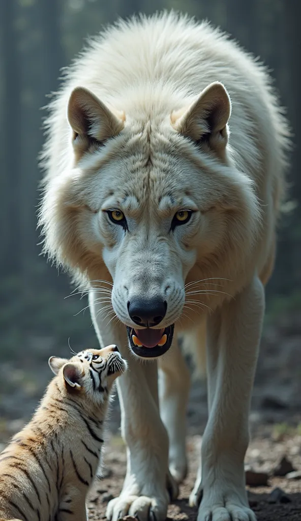 A big white wolf faces a big tiger masterpiece 