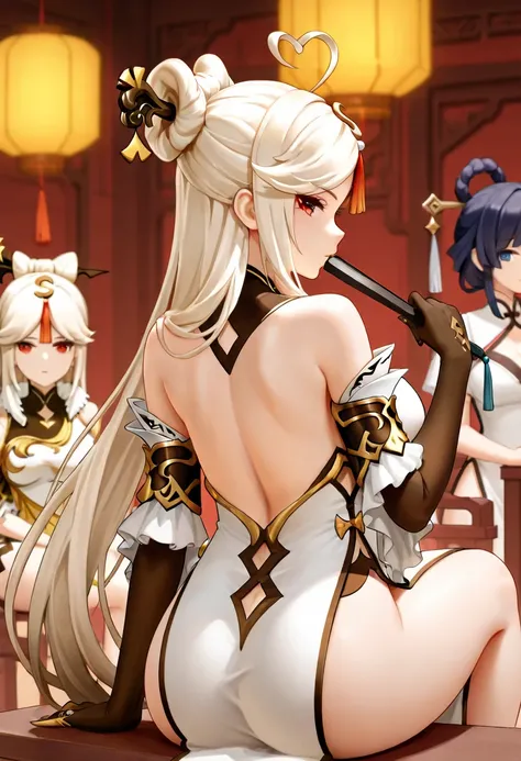 ningguang (genshin impact), long hair, looking at viewer, large breasts, blonde hair, multiple girls, hair ornament, red eyes, bare shoulders, sitting, white hair, thighs, detached sleeves, solo focus, looking back, 3girls, white dress, from behind, chines...