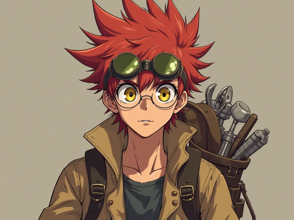 The model is wearing battle shounen style glasses
15-year-old boy
Tanned skin
Boku no Hero's Bakugo-like spiky hair is red in color 
Yellow eyes
Nose bandage
One of the sharp and showing canine teeth (as happens in some anime characters)
Classic steampunk ...