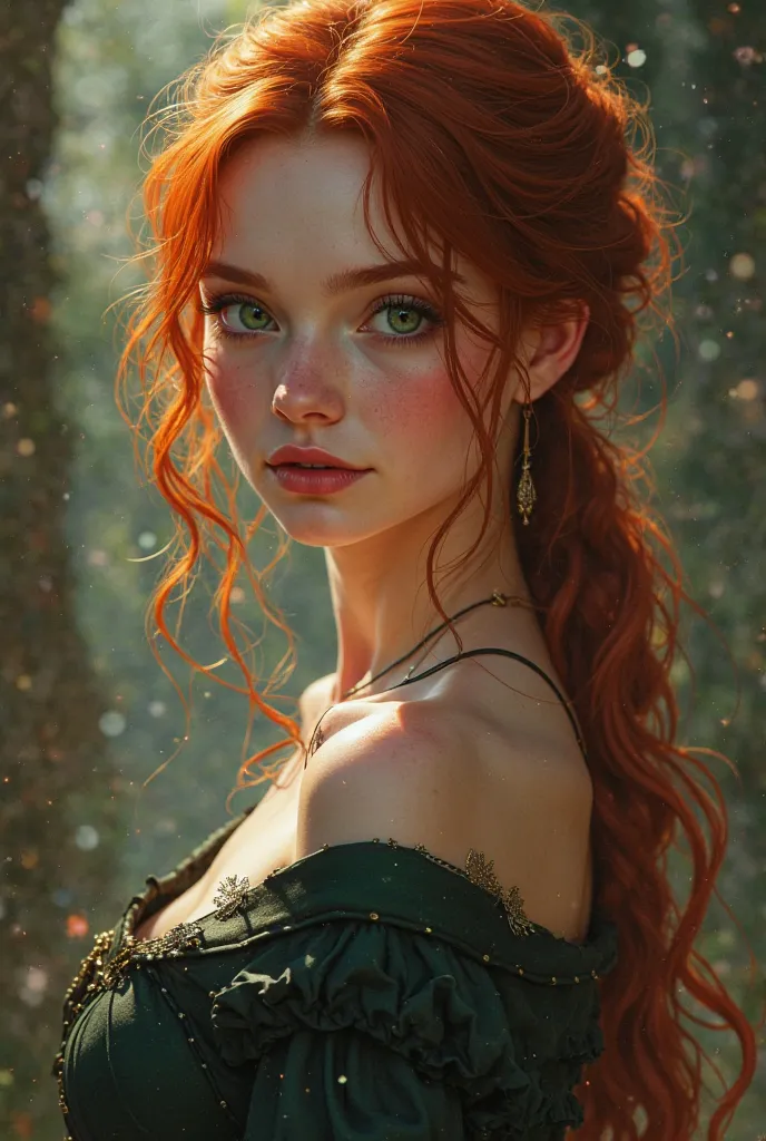 Create a young redhead with penetrating green eyes, full of charm, and long hair in seductive shades of light red. Her hair is partially tied in the Valkyrie style., with some loose threads falling delicately over the shoulders. Her face displays sweet and...