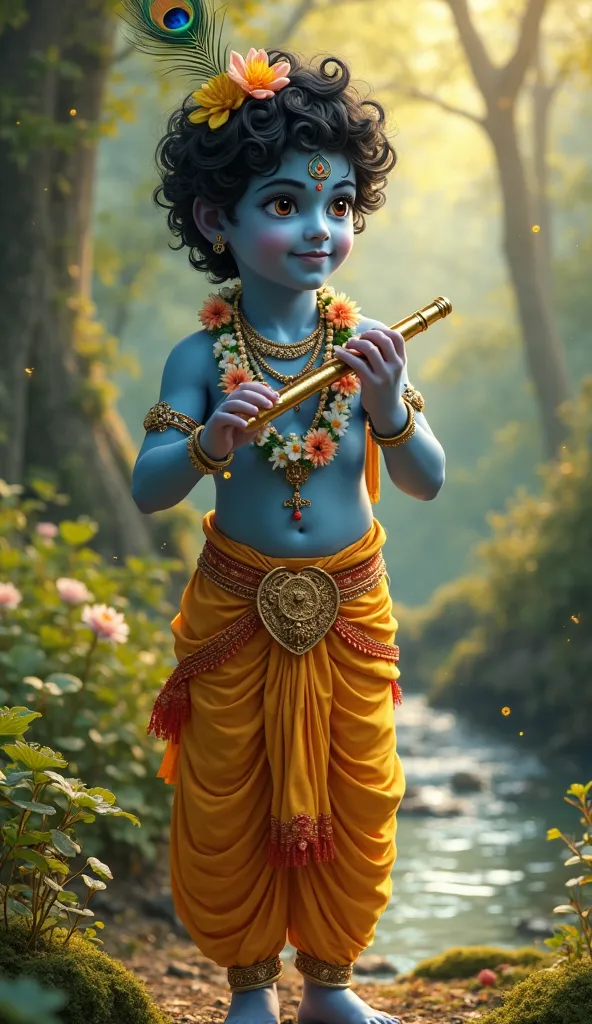 A hyper-realistic portrait of young Lord Krishna standing in a lush green forest, playing a beautifully carved golden flute. His skin is a natural shade of blue with soft, glowing undertones. He wears a radiant yellow dhoti with intricate red and gold bord...