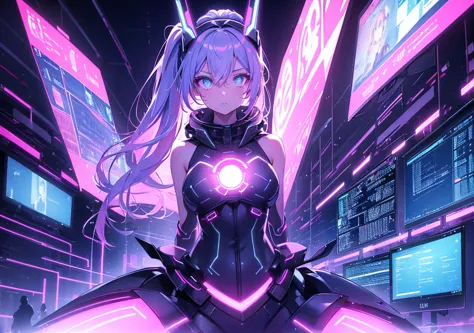 A beautiful girl who is a genius hacker hiding in virtual space. She has a long ponytail, headgear and glowing eye contact lenses. Code flows from her fingertips and dances like butterflies of data. In the background is a virtual city, a glowing cyber grid...