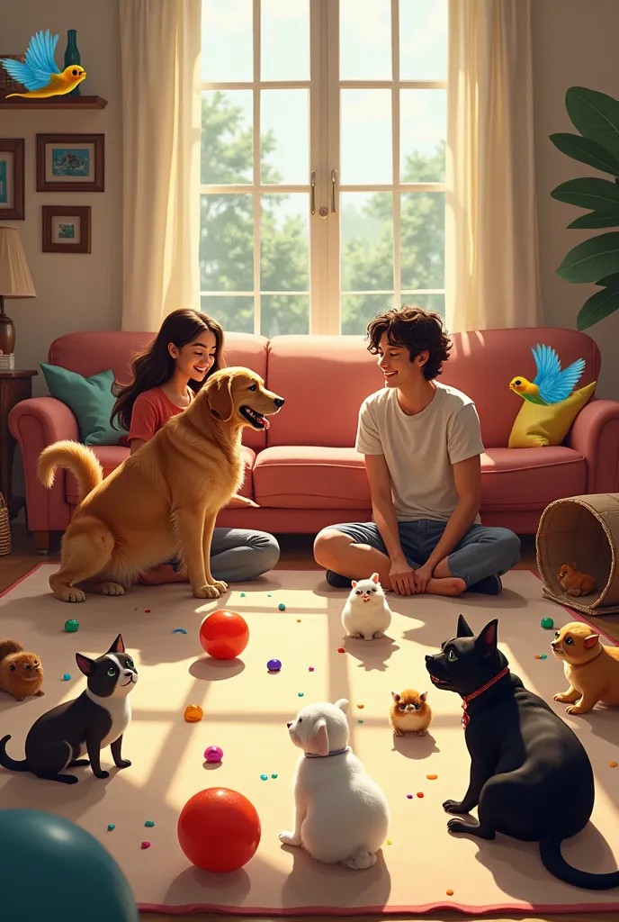 The room is alive with energy as two humans sit on a cozy, oversized rug surrounded by a lively group of pets. The space is warm and inviting, with soft sunlight streaming through large windows, casting playful shadows on the walls. The air is filled with ...