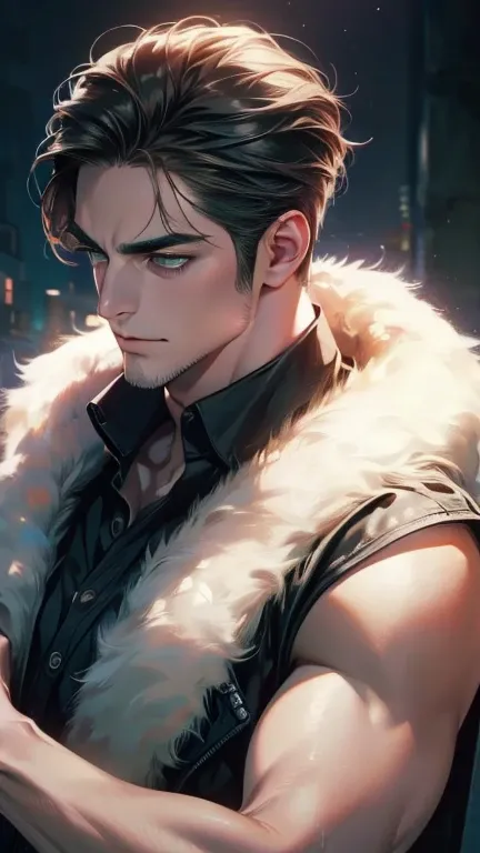 (  best quality,4K,8k,   highres,  masterpiece :1.2),  breasts  ,(Realistic,photoRealistic,photo-Realistic:1.37),36-year-old man,3 day beard,Beautiful anime,Portraits,strong,masculine,      with dark hair  ,sharp jaw,       mesmerizing green eyes   ,    pe...