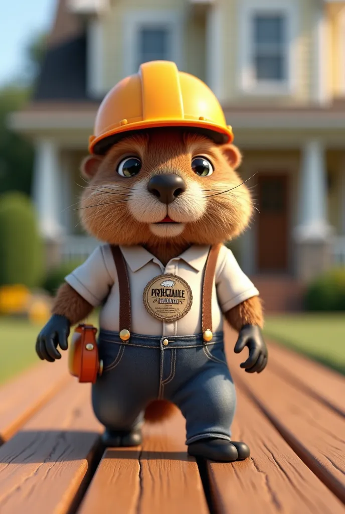 MAKE VIDEO OF A BEAVER WEARING CONSTRUCTION HELMET, WEARING A WHITE BLOUSE WITH A ROUND LOGO WRITTEN BY PASQUALE FLOORING WALKING IN FRONT OF AN AMERICAN-STYLE HOUSE WITH A WOODEN FLOOR IN THE HAND