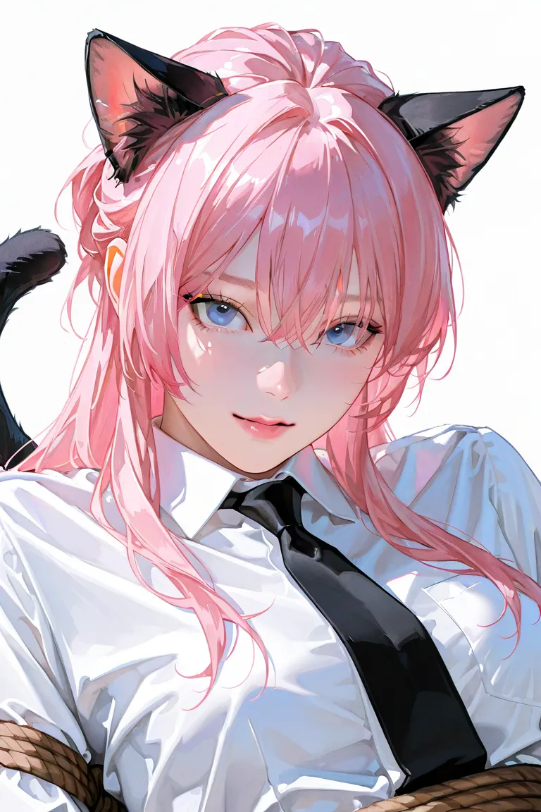 cold face, mature woman, handsome, 1 girl, pretty woman, pink hair, long straight hair, hair between eyes, tied up hair, cat ears, blue eyes, white formal shirt, black tie, perfect eyes ,semi-realistic art, semi-realistic art style, vibrant brushstrokes, r...