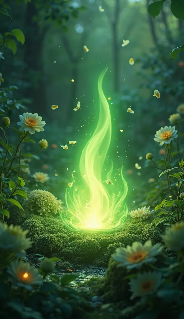 A serene, green flame glowing with life energy, surrounded by lush vegetation and vibrant flowers in a tranquil forest