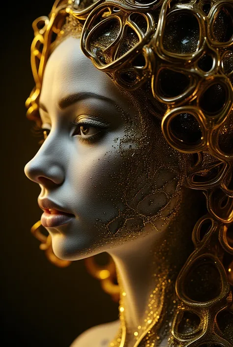 3D woman head Made of geometric lines. Hair gold lines. Abstract gold and black  Evolution intricate is the increase of complexity of complex systems.