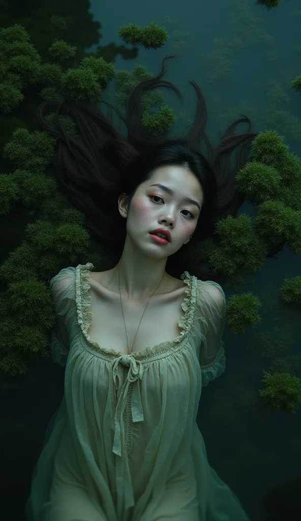 Not day, not night, Devon Aoki, top view, It is swallowed up by mosses and swamps, fog and rain, open mouth, language ,Blurred,  background blur, Subjective camera, impressionism, Realistic anatomy, best quality, 1 girl, looks at viewer, lies a lot of open...