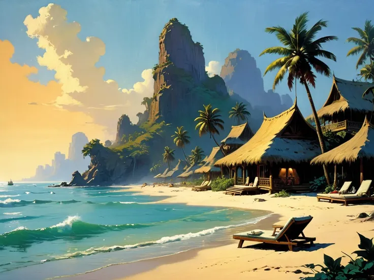 a resort at a paradisiac beach, frank frazetta style, only scenes, without human figures