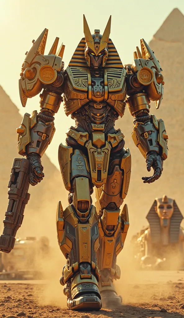 "A Transformer resembling an ancient Pharaoh, 'PharaoTron' strides through a cyberpunk Cairo. His metallic plating is adorned with hieroglyphics, and his helmet resembles the golden mask of Tutankhamun. His right hand wields a plasma staff shaped like the ...