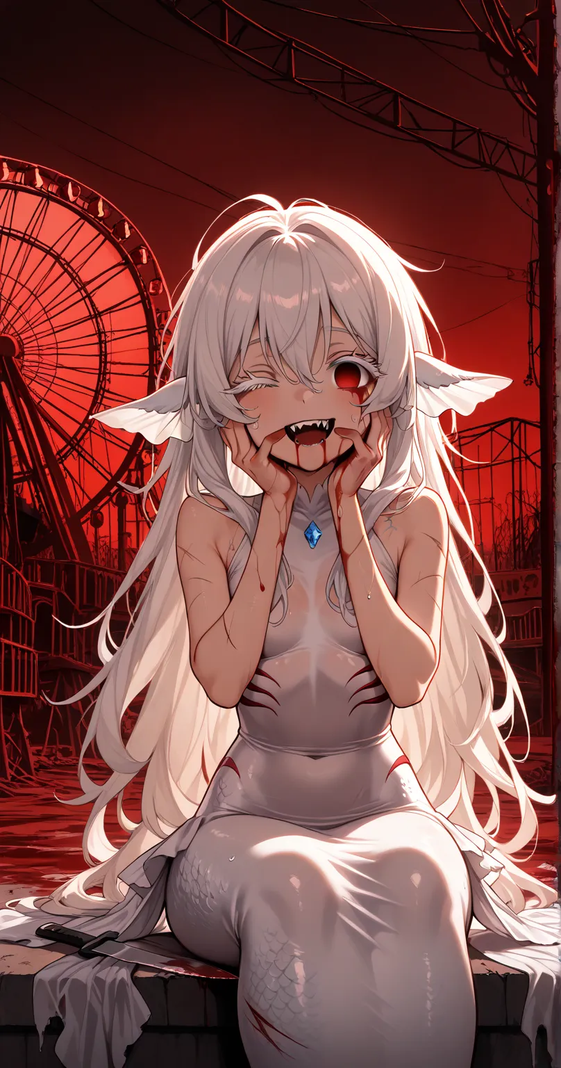 girl,abandoned amusement park background, , hair of two colors,white hair,  long hair, Light skin, Red eyes,empty eyes, no glare , Red, Redes, ,  Masterpiece  , best quality, Anime style, , looks at the viewer with his eyes half closed,  dispassionate face...