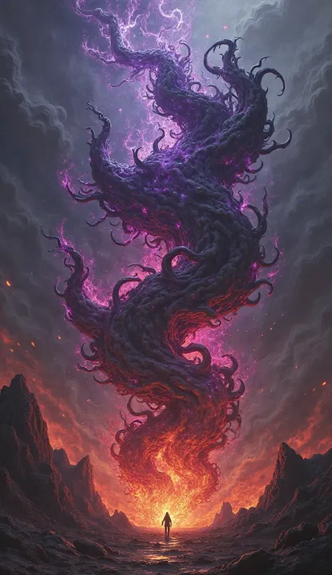 A dark, swirling flame that devours everything in its path, glowing with black and purple energy, in a chaotic void