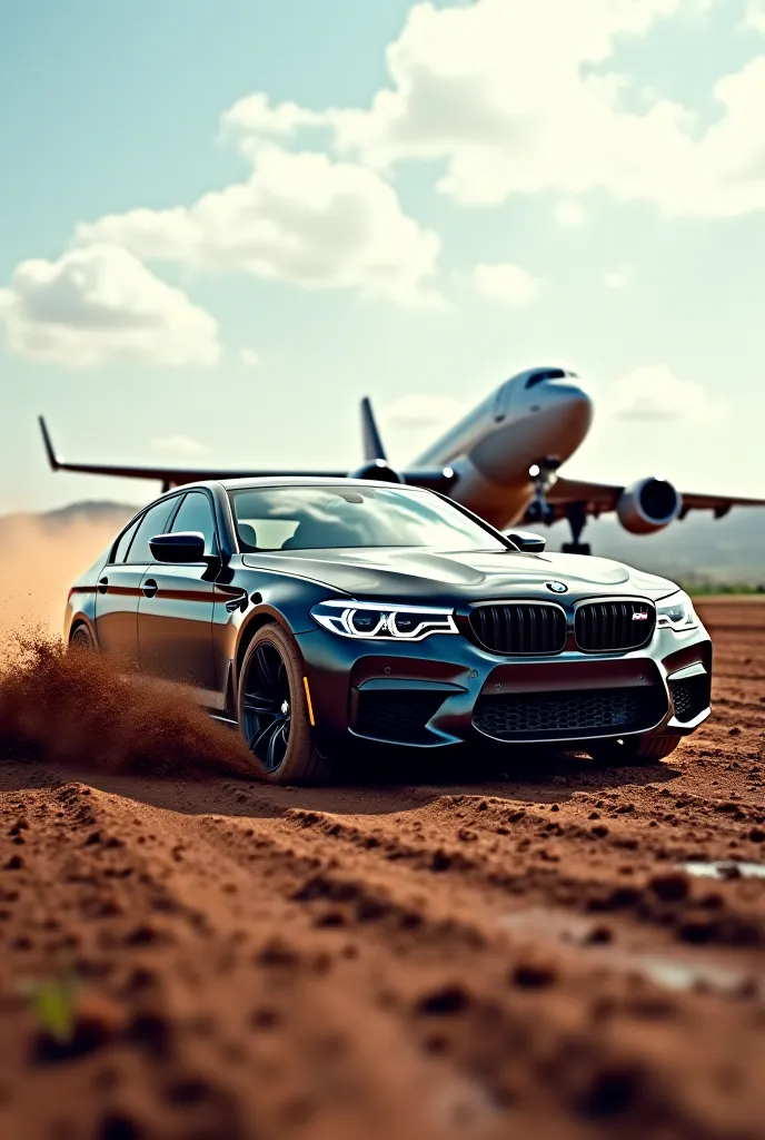 A BMW M5 black colour drifting on mud ground with a airplane on the background 