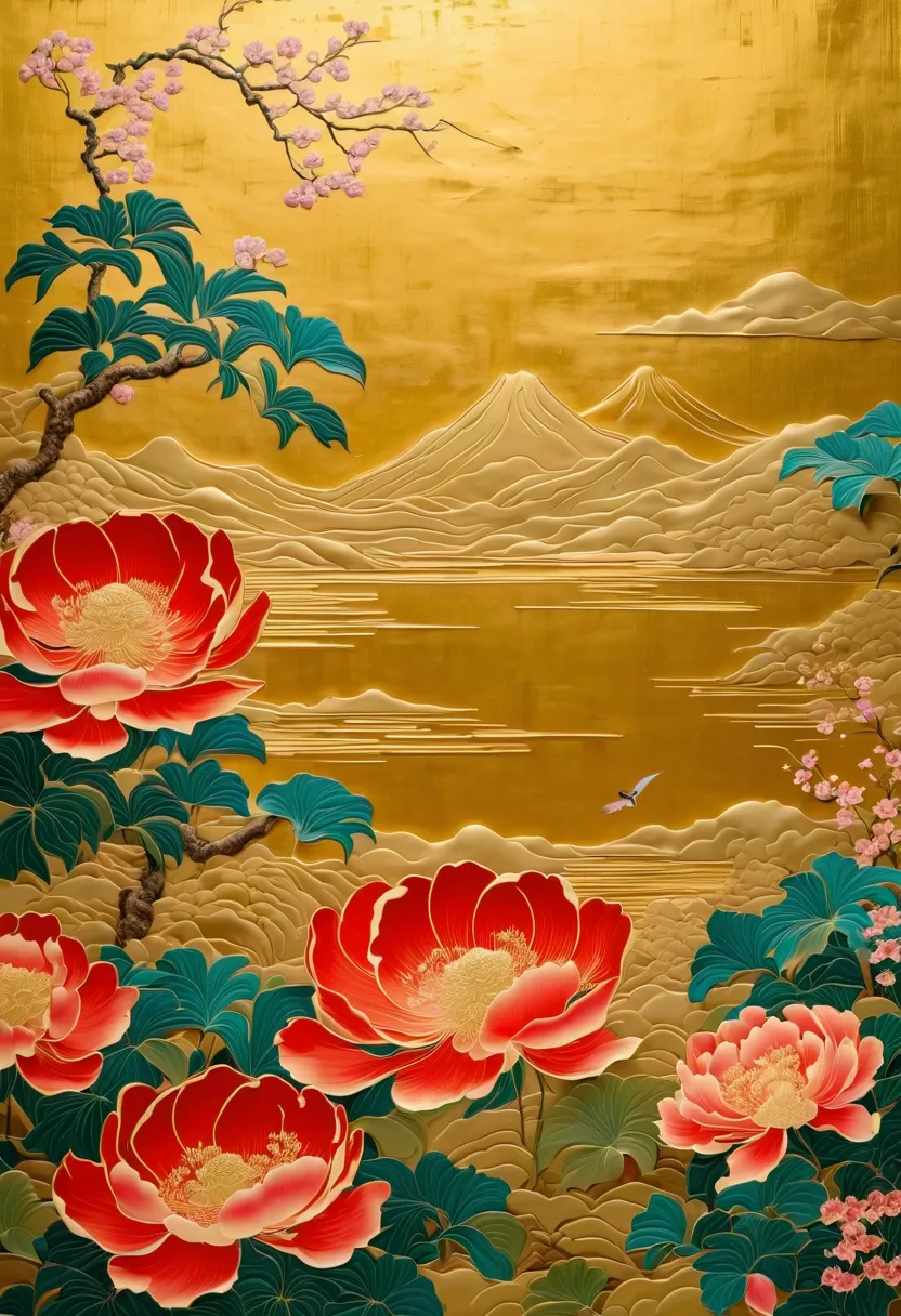 painting of flowers on a folding screen,Japanese painting,Gold mud, watercolor,glitter powder,Shellfish ,folding screen made using traditional techniques,Gold mudに花の絵,maki-e style,The folding screen installed in a temple in Kyoto is very beautiful.、paintin...