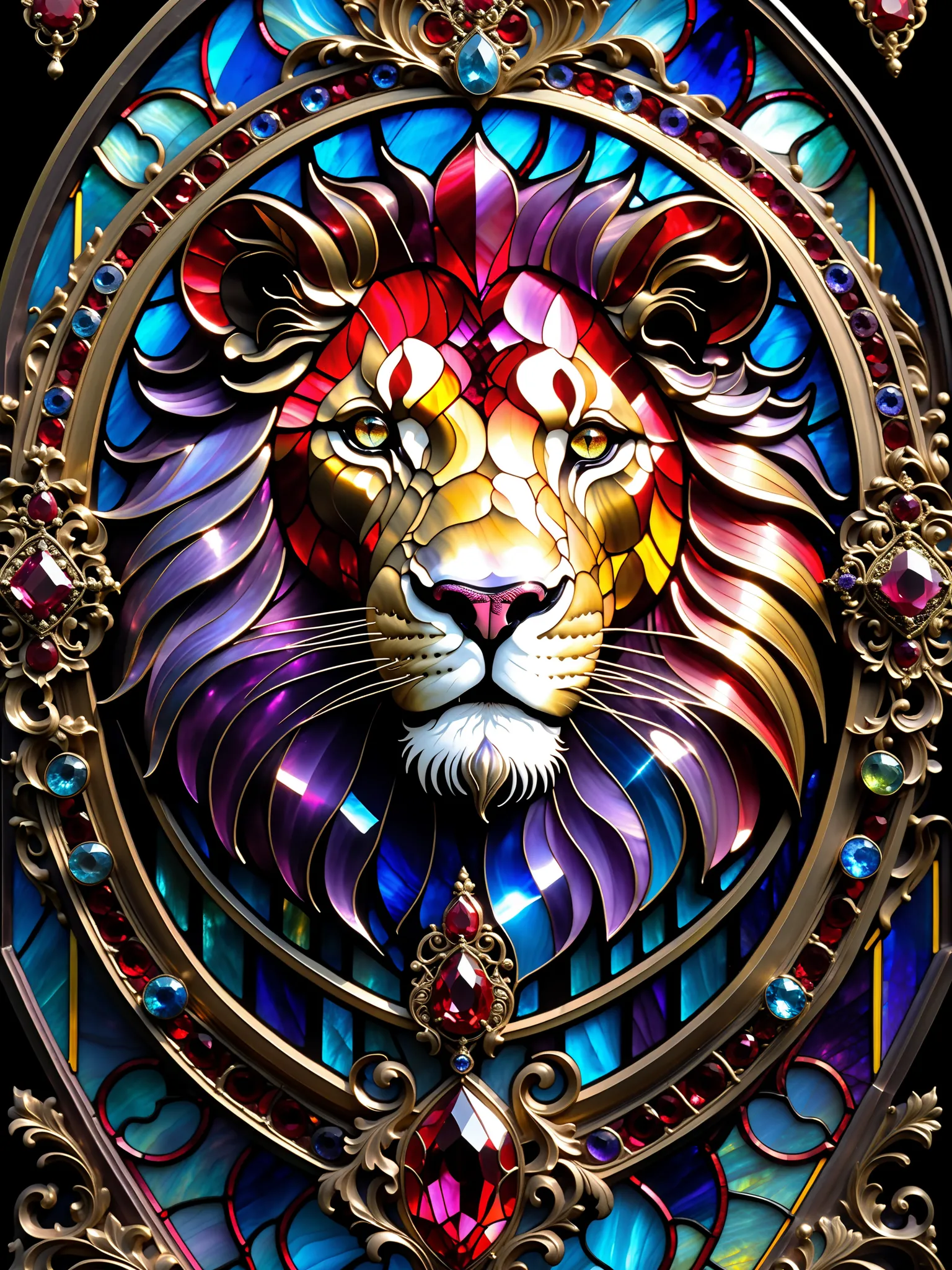 Three primary colors , like a movie, Ruby lion close-up, Baroque, Claora, Highly Detailed Stained Glass, amethyst crystal, Iridescent Labradorite Crystals,  Andy Kehoe , John Blanche, intricate and highly detailed background,  fantasy,  filigree ,  filigre...