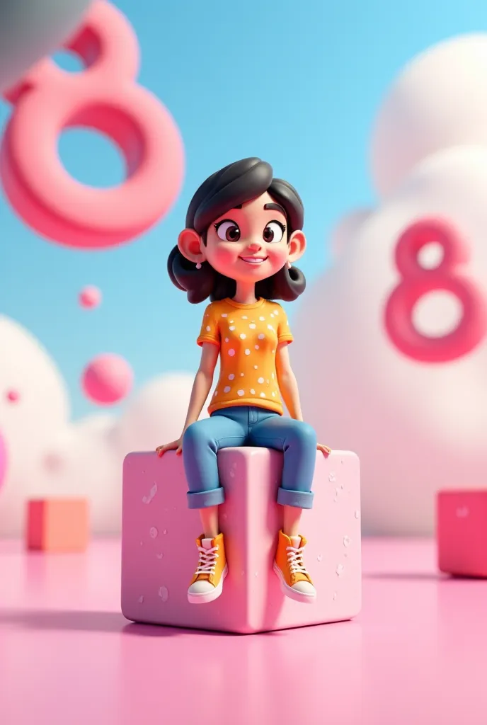 An animated woman sitting on a block with the word Lorelen and a pink number eight in the background