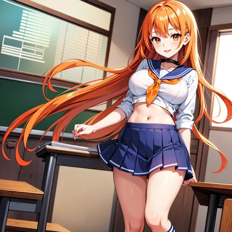 1girl , master piece , best quality , ultra detailed , beautiful girl , smile , large breasts , collar , standing up , school uniforms , summer sailor suit , navel , stomach , tattoo , knee-high socks , orange eye , orange hair , braidtail , in the classro...