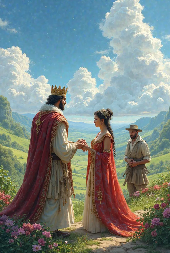 The king and queen stand together in an open area, pointing towards the land where they plan to build a garden. A gardener stands beside them, nodding and taking