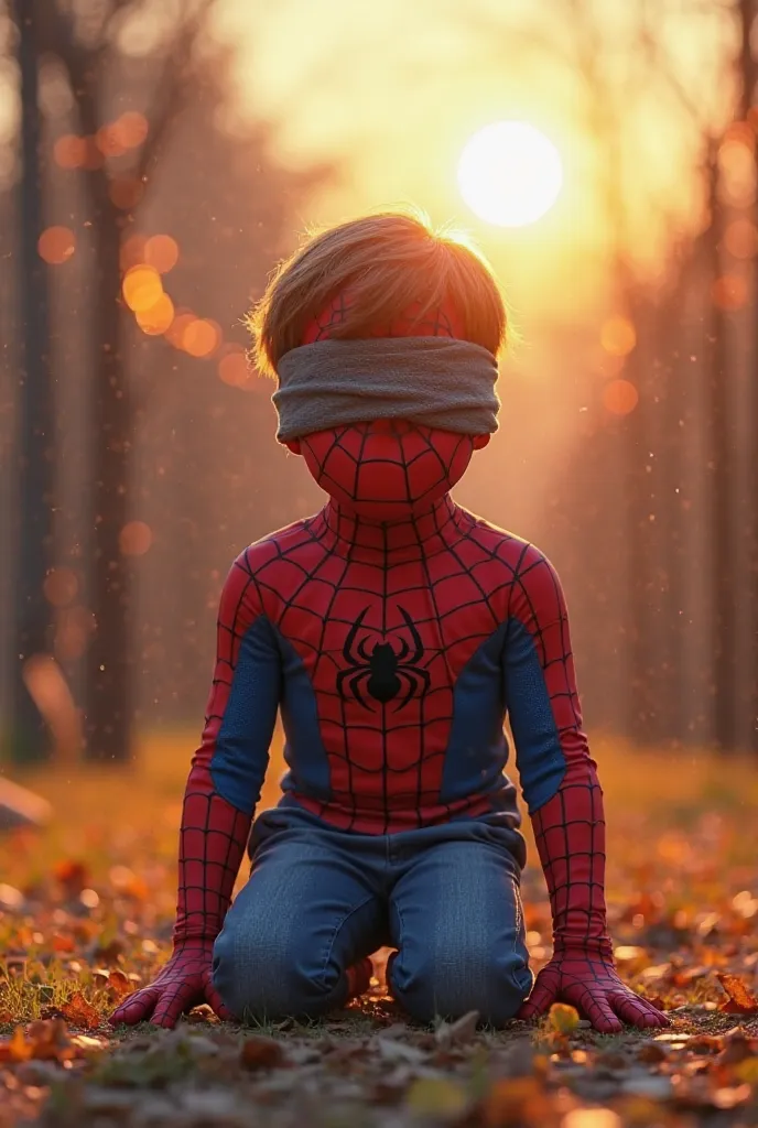 You can use text like:

" Young boy , Dressed in a Spiderman costume, he got down on his knees and blindfolded with a thick cloth. There is a playground full of ren around, climbing sticks and ropes attract attention. The sunset light makes the environment...