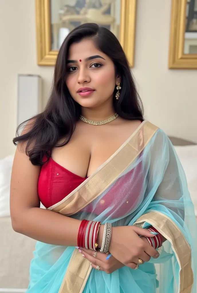 Fit, light blue transparent saree, Tight on breast red glossy strapless blouse,VEIL, Big lips, full body picture , Moaning facial expressions,Mouth slightly open and expression like moaning,Bindi on forehead, wet Desi woman showing her big ass  in sexy THO...