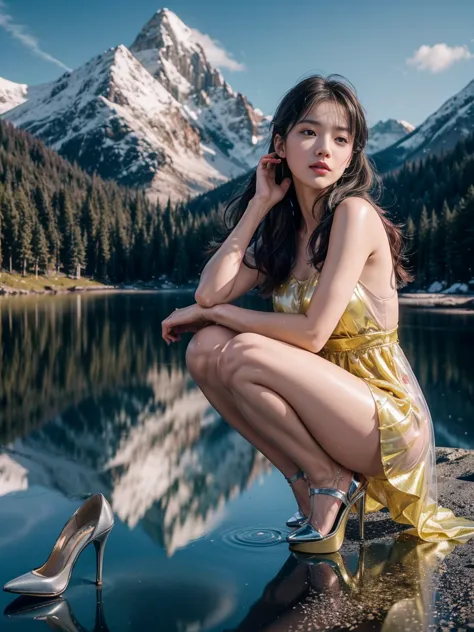 (1 dark-haired Japanese girl:1.2)，(Exposing High Heels， Perfect for the picture:1.6)， ( anatomical accuracy:1.5), (The figure is at the top of the mountain|On a snowy mountain| in the woods |At the lake|In front of the waterfall|on an airplane|:1.1)， (Wear...