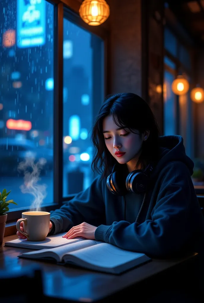 by the window of a quiet night cafe、a young woman sitting at a table with warm indirect lighting。She spreads out her notebook、I'm concentrating on my studies。
the night city spreads out outside the cafe、The rain is falling gently。
she wears headphones arou...