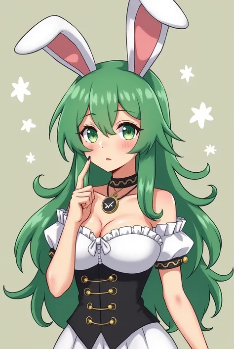 You have Izuku Midoriya, a woman disguised as a very tender and a little sexy rabbit with long green hair, slightly creased green eyes,  a white ponpocho dress with black corset, a small wireless microphone and accessories such as collars and handles 