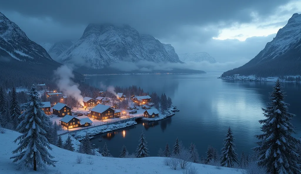 winter fjord village from above, overcast, night