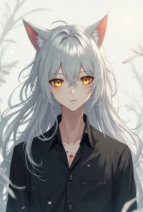 Anime A young man with long white hair, Gold-colored cat eyes, There is a scar on the neck, on the neck wearing black clothes 