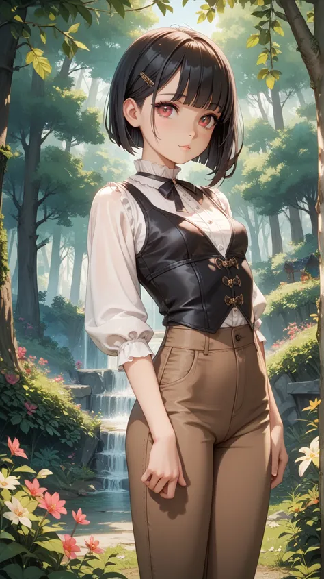 very beautiful detail, high quality, masterpiece, very aesthetic, 4k, resolution, highest quality, a cute loli girl standing in forest, cute loli girl, black hair, Bobcut, red eyes, cute face, Slender Body, Medieval Fantasy, small breasts, slim waist, fair...